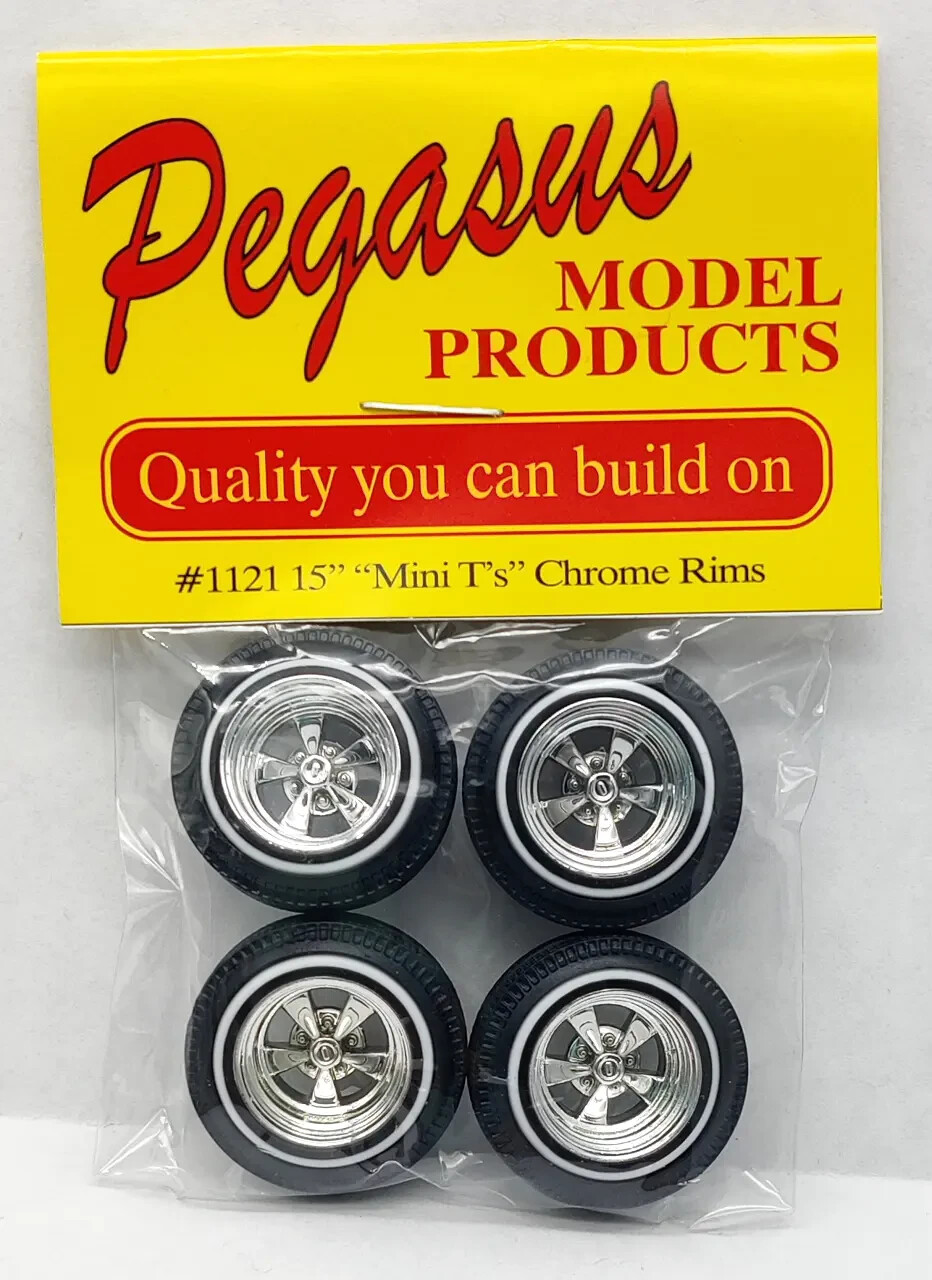 Pegasus 1121 15" Mini T's 5 Spoke Chrome Wheels + 60's Tires model cars