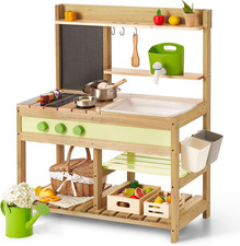 Mud Kitchen Playset for Kids, Deluxe Wooden Toy Play Kitchen Set  for Boys and