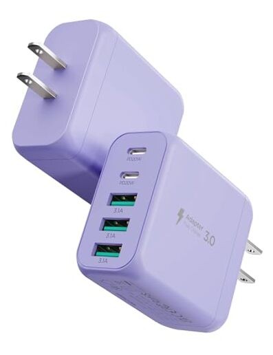 50W Fast USB C Charger Block 5-Port Type C Charger 2-Pack Purple