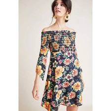 Farm Rio Sasha Mini Dress Floral Smocked Off Shoulder Black Multi Boho Size L