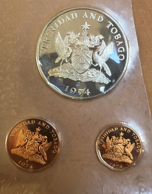 1974 Trinidad & Tobago 1 Dollar, 1, 2 Cents SET OF 3 PROOF Coins-MINTAGE=14,000