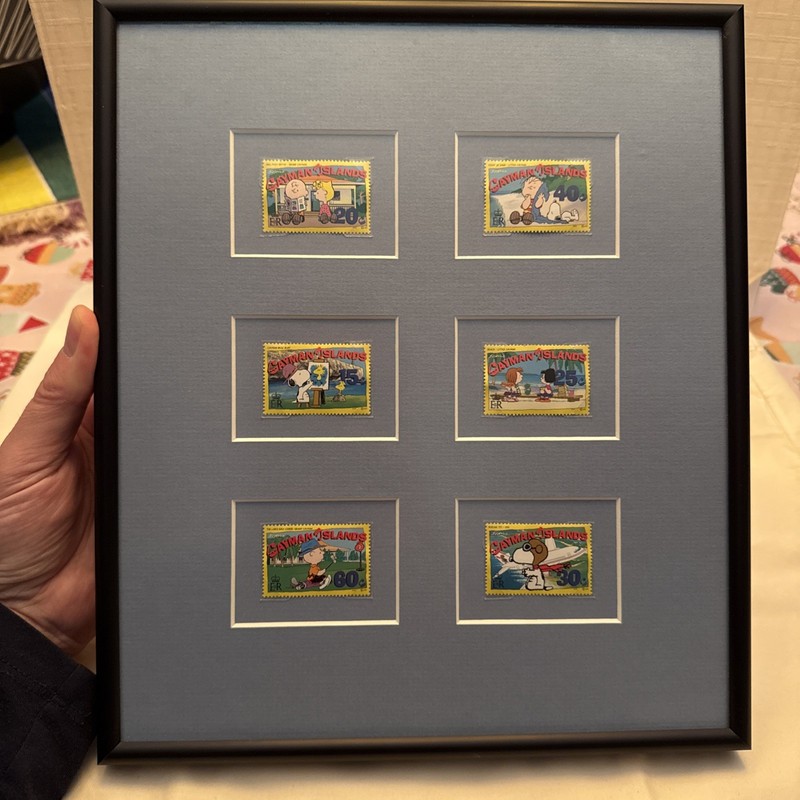 Framed Peanuts Postage Stamp Cayman Islands Set Snoopy Charlie Brown Linus