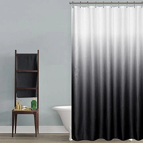  Black and White Waffle Weave Fabric Shower Curtain Set with Hooks,Waterproof  - Image 4 of 4