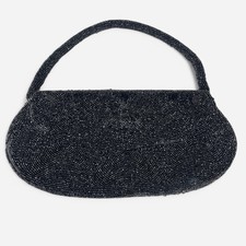 Vintage Walborg Belgium Black Beaded Evening Bag Clutch Hard Shell Floral Design