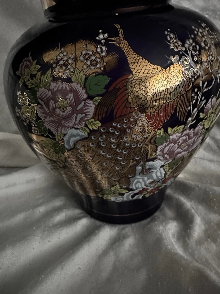 Jarrón/urna japonesa azul cobalto con tapa faisán dorado Foto 2 de 4