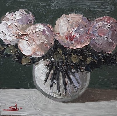 ROSA BLUMEN ÖLGEMÄLDE VIVEK MANDALIA IMPRESSIONISMUS SAMMLERSTÜCK 12X12 SIGNIERT