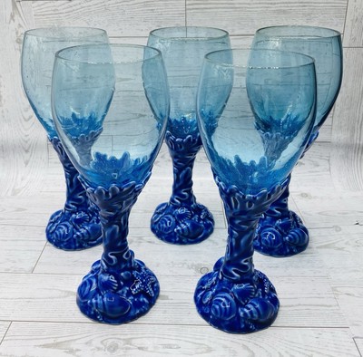 Set Of 5 Appletree Design Lee Fitzgerrel Ocean Goblet Nautical Blue Bubble Glass