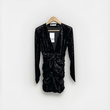 Zara Mini Dress XS Black Velvet Deep V Neck Long Sleeve Party Club BNWT