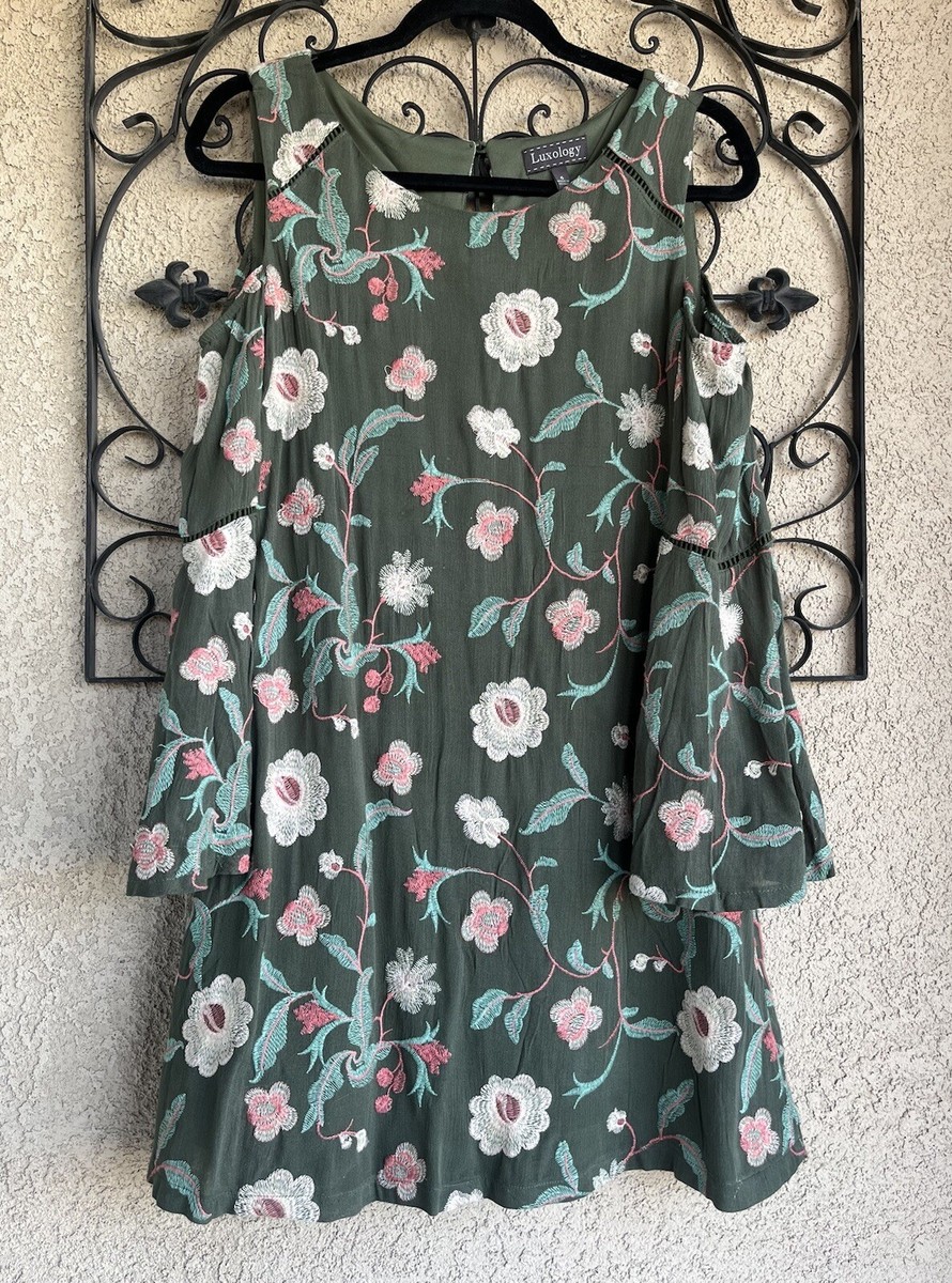 Luxology Floral Embroidered Cold Shoulder Flare Sleeve Dress-size 6-  Green/Pink