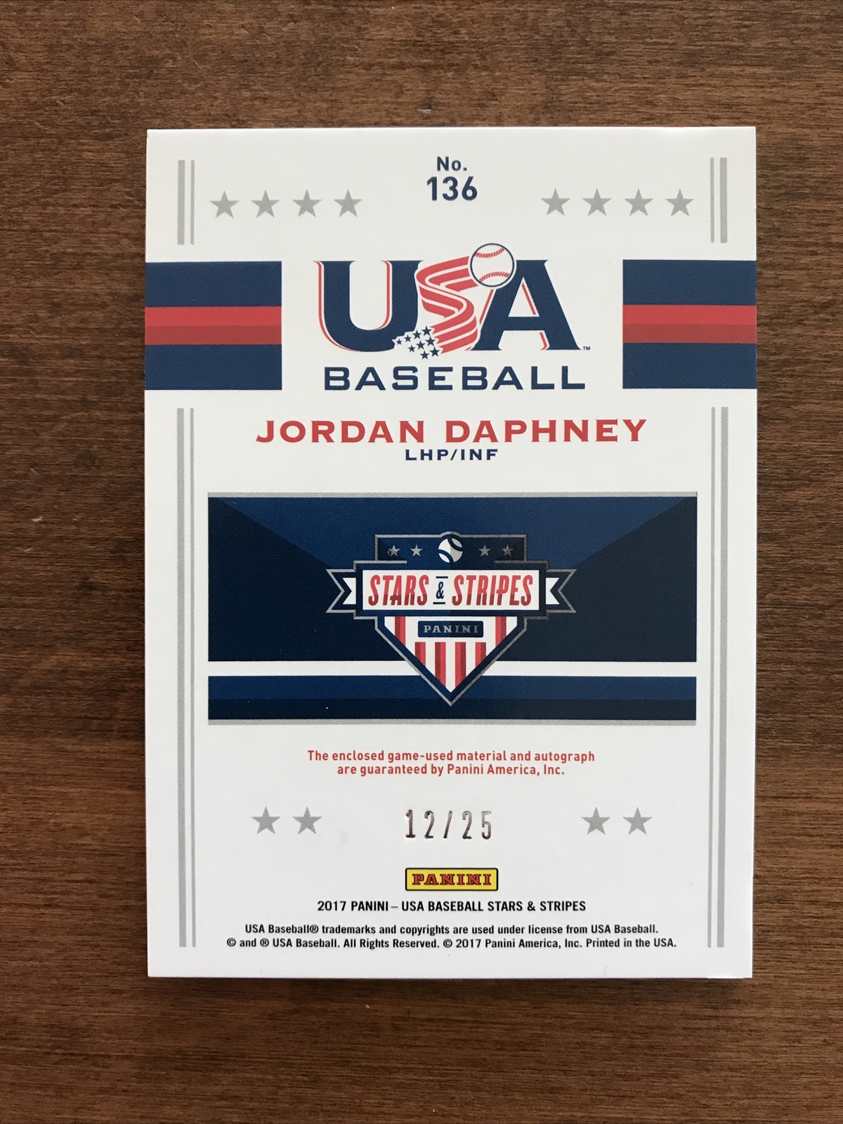Jordan Daphney 2017 USA Baseball Silhouette Rookie Patch Auto #136 Wilson /25 RC view 2