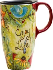 Coffee Ceramic Mug Porcelain Latte Tea Cup with Lid 17Oz. Enjoy Life