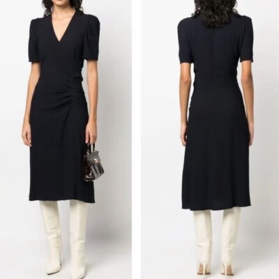 New BA&SH Oya Midi Dress Faux Wrap Wool Blend Office Career Sz S
