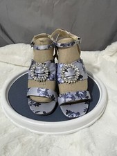 Betsey Johnson SB Scoti Stilleto Heel Rhinstone Blue Floral Triple Strap Sz8M
