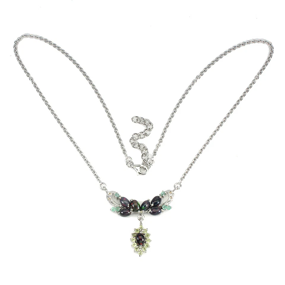 Collar de plata de ley 925 ovalado ópalo negro esmeralda gemas piedras preciosas joyería 18,5 Foto 2 de 4