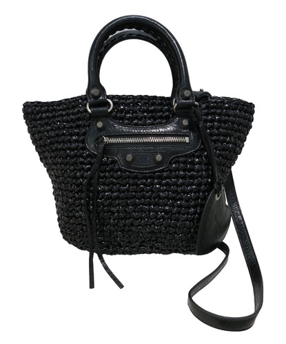 BALENCIAGA Black Small LE CAGOLE PANIER Faux Raffia Basket Shoulder Tote Bag - Picture 3 of 10