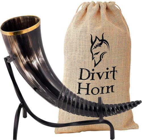 Horn Viking Drinking Mug with Iron Stand Medieval Beer Birthday Anniversary Gift