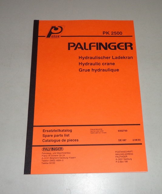 Parts Catalog/Spare Parts List Palfinger Cranes Pk 2500 Stand 08/1993