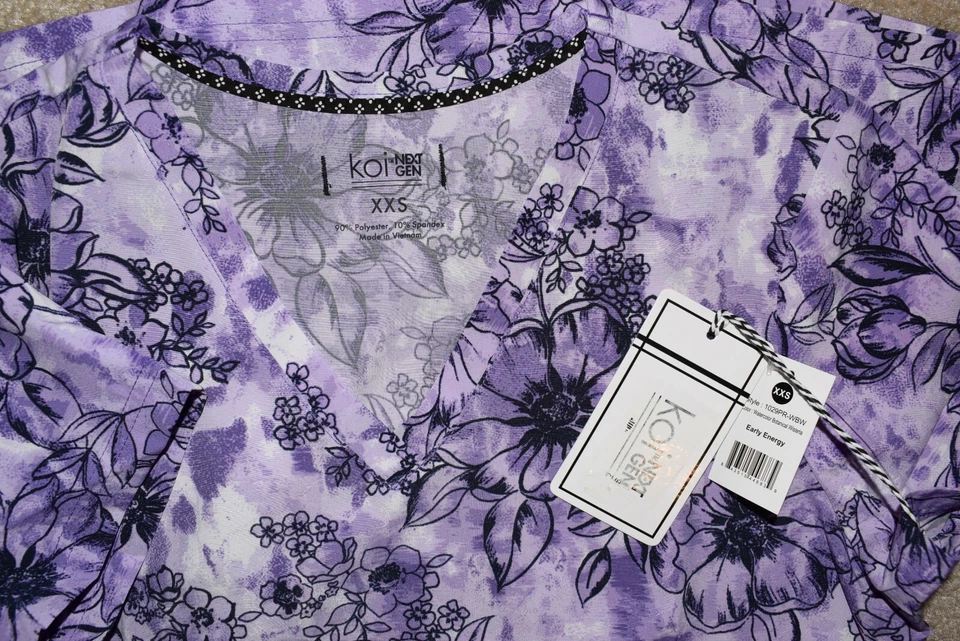 New Womens Koi Next Gen XXS Purple Floral V-Neck Stretch Scrub Top - Image 2 of 3