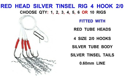 RED HEAD SILVER TINSEL RIG 4 HAKEN GRÖSSE 2/0 MEERESANGELN KÖDER MAKRELENFEDERN