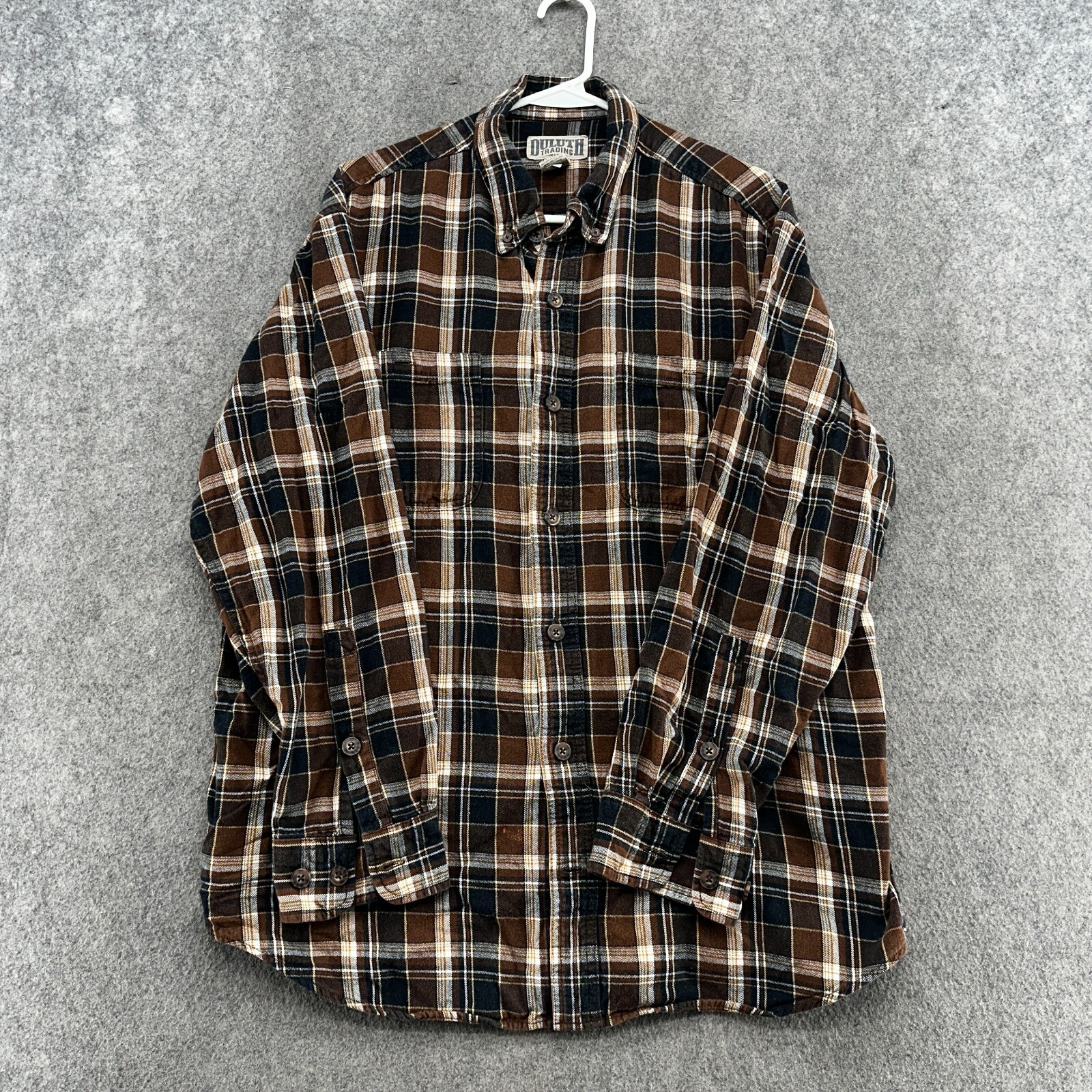 Duluth Trading Co Shirt Mens L Brown Black Flannel Plaid Button Down Long Sleeve