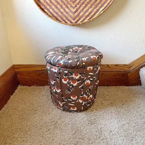 Vintage Round Brown Floral Fabric Footstool Ottoman Hassock Pouf w/Storage 15"T - Afbeelding 1 van 9