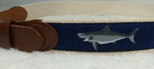 Great White Shark Ribbon Canvas Leather Belt Size 30 Leather Man Ltd Mint Cond