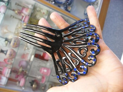 Vintage Victorian Hair Comb. Sparkling Blue Rhinestones VICTORIAN HAIR COMB Blue Rhinestones Large Edwardian  main image 2