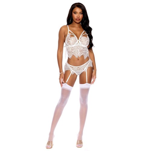Lace Cami Top Garter Panty Set Strappy Underwire Cups Zig Zag Trim White 30092 - Picture 6 of 9
