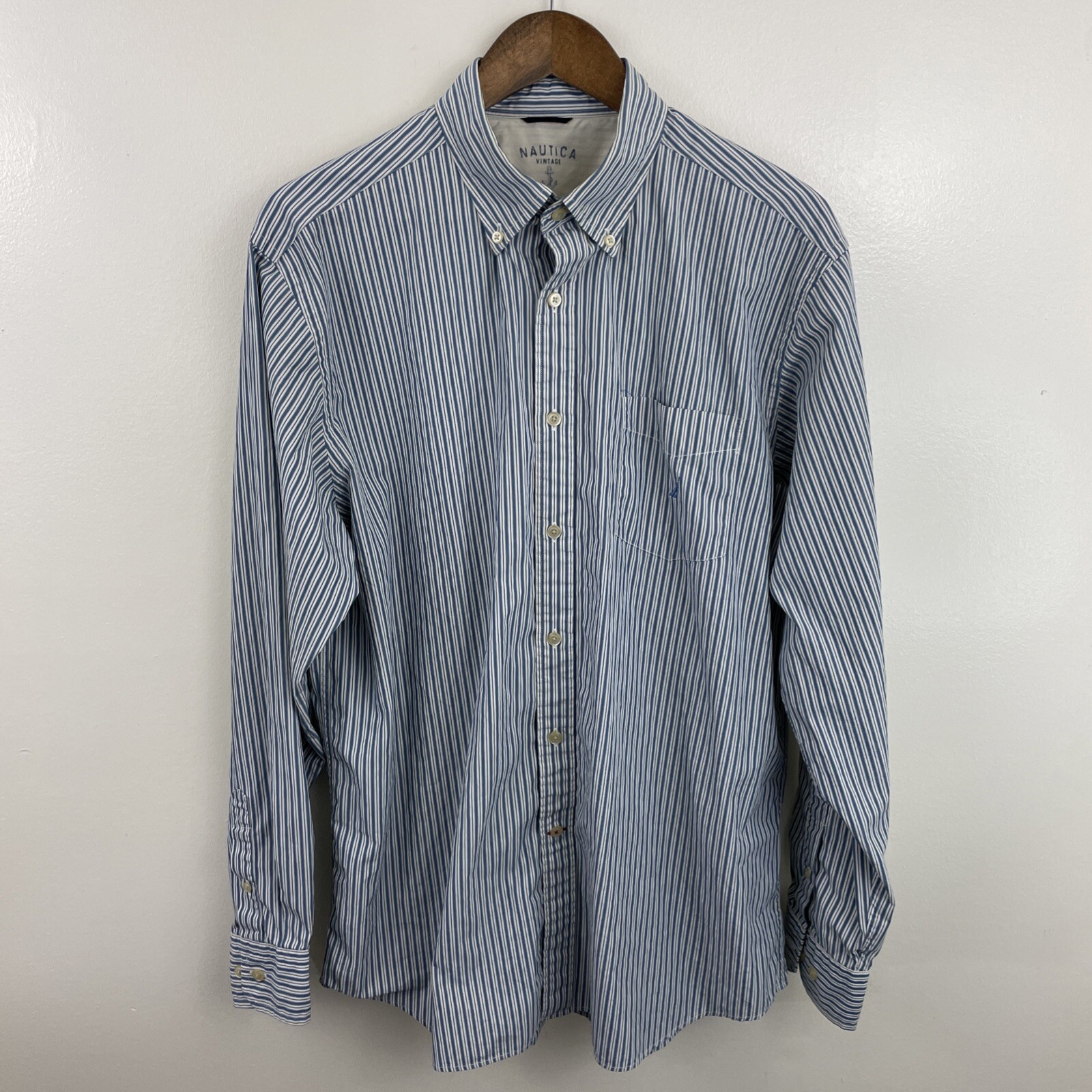 Nautica Vintage Style Shirt Mens L Blue & White Striped Long Sleeve Button Down