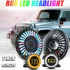 7" RGB LED Headlights Demon Chasing Fog Lights Combo for Jeep Wrangler JK 07-18