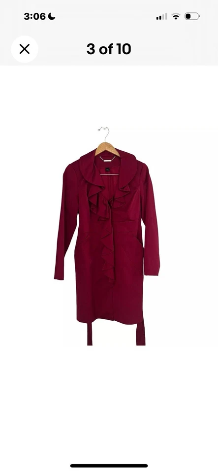 👠🧥❤️Casa Blanca Mercado Negro Volantes Borgoña Vino Satinado Abrigo Chaqueta Cinturón Talla M Foto 3 de 4