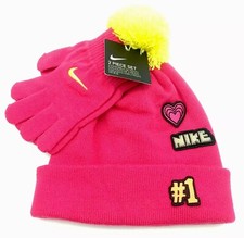 Girl's Nike 2 Piece Set Beanie Hat  Gloves 4A2741 Rush Pink Yellow 7/16 it/242