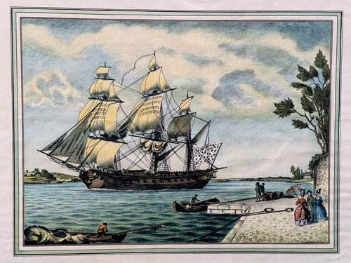 DANIEL DERVEAUX TALL SHIP ORIGINAL COLORED ENGRAVING FRIGATE RANCE VALLEY 1788