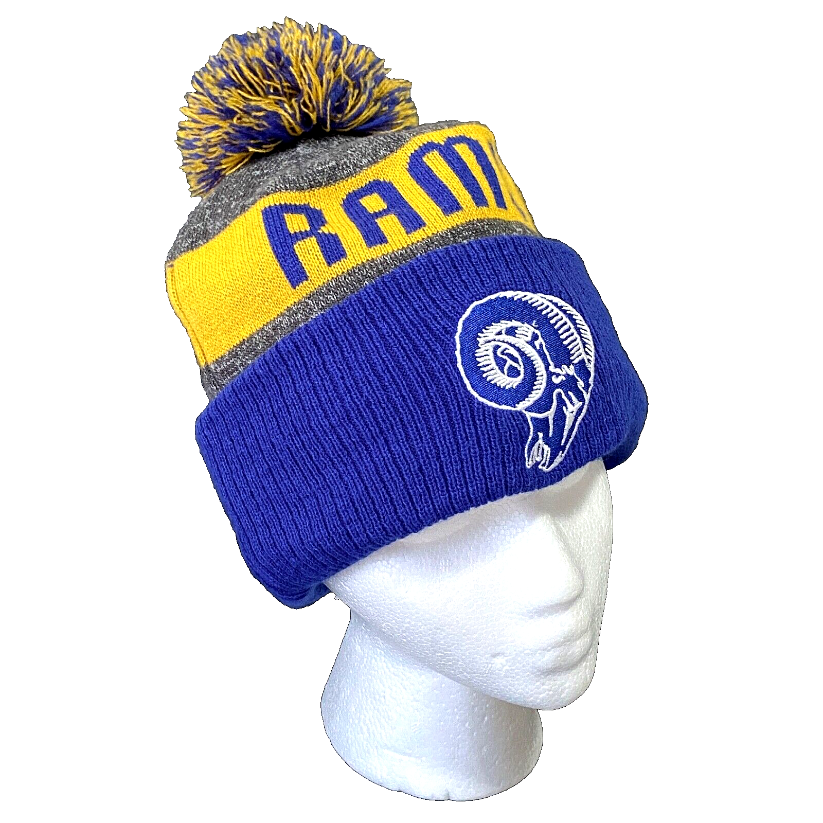Beanie Hat Football Los Angeles Rams NFL Logos Knit Yellow Blue Pom Warm Winter-image