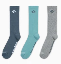 Men Converse 3-Pack Star Chevron Crew Socks Size 6 - 12 Grey Gray Teal Green