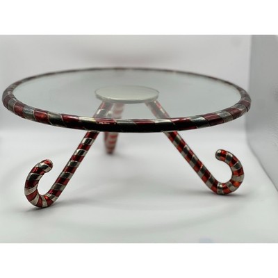Festive Candy Cane Metal & Glass Holiday Cake Stand / Riser   12  Round