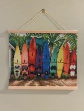 Finished Framed Diamond Art Painting Rainbow Surf Board Hawaii Tropical Wall Dec