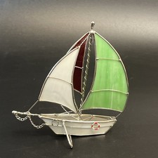 Stained Glass Sailboat 3D Free Standing 6" White Red Green Sails Suncatcher Boat