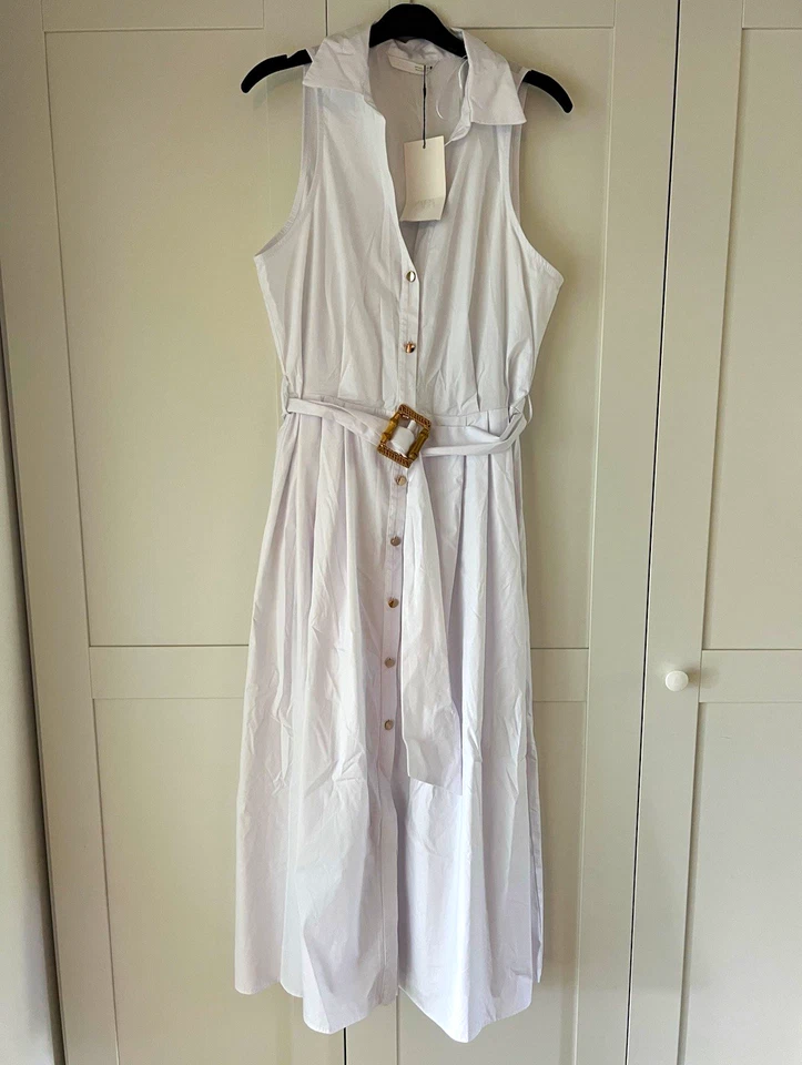 Zara Damen Hemdblusenkleid weiß Midi ärmellos Baumwoll-Popeline mit Gürtel Gr. L - Bild 1 von 4