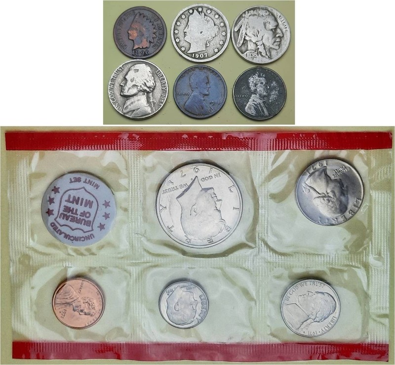 6 Old Coins (Ind Head 1c, Lib V, Buff, Jeff, & 2-Linc Wheats) & 1 US Mint Set