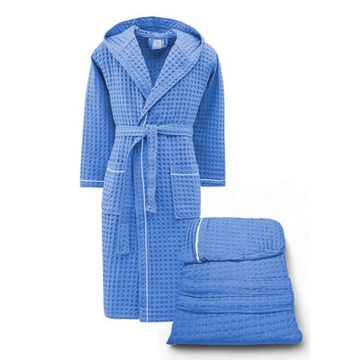 Herren Damen Bademantel aus Baumwolle mit Kapuze, BEEApone  Honeycomb, Hellblau,