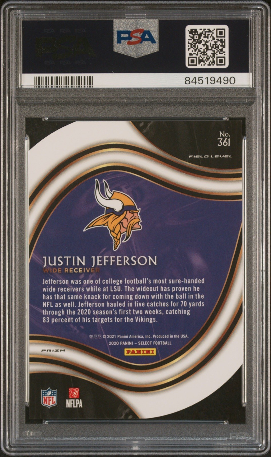 2020 Panini Select JUSTIN JEFFERSON Rookie Zebra Prizm Field Level #361 PSA 10 view 2