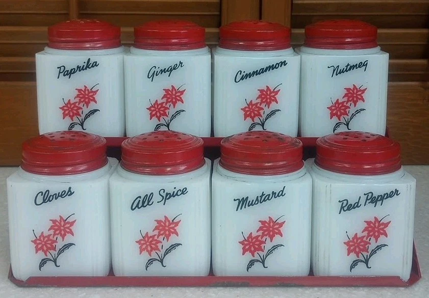 Tipp City Poinsettia Milk Glass Flower Spice Shakers Red Lids W/Rack Holder