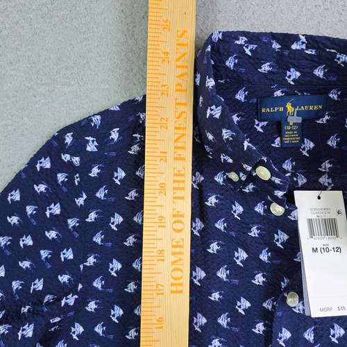Ralph Lauren Textured Fish Button Front Shirt Boys Medium 10/12 Blue Ocean New - Picture 8 of 9