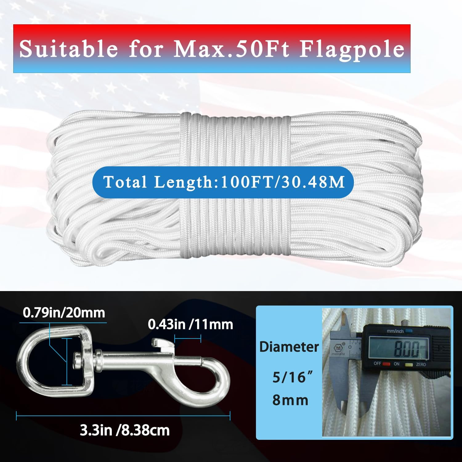 Upgraded Flag Pole Rope Clips Kit 100Ft,5/16” Flag Halyard Rope with Sturdy Swiv