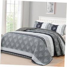 Gray Quilt Set Size Boho Striped Patchwork Bedspread Coverlet, 3 Queen Grey