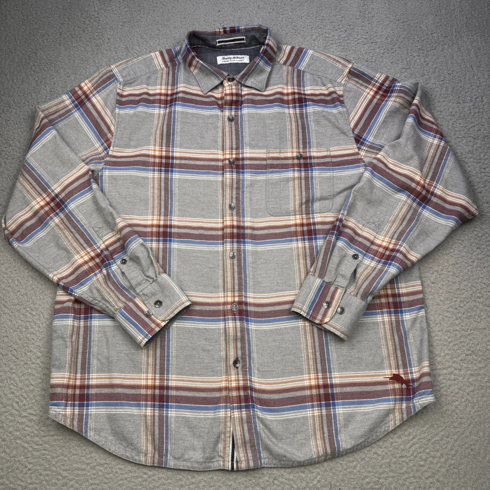 TOMMY BAHAMA Shirt Mens Large Gray Blue Red Plaid Canyon Beach Montara Flannel