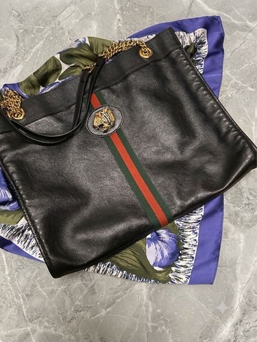 GUCCI Raja Tote Bag Black Leather Tiger Head From Japan
