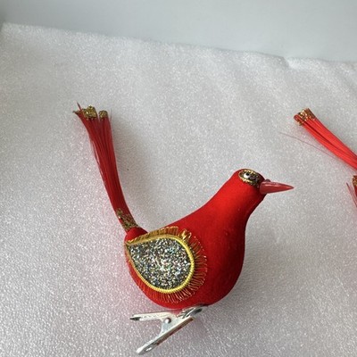 7pc Red Bird Clip-On Christmas Ornaments Flocked Glitter 4in Made in Japan