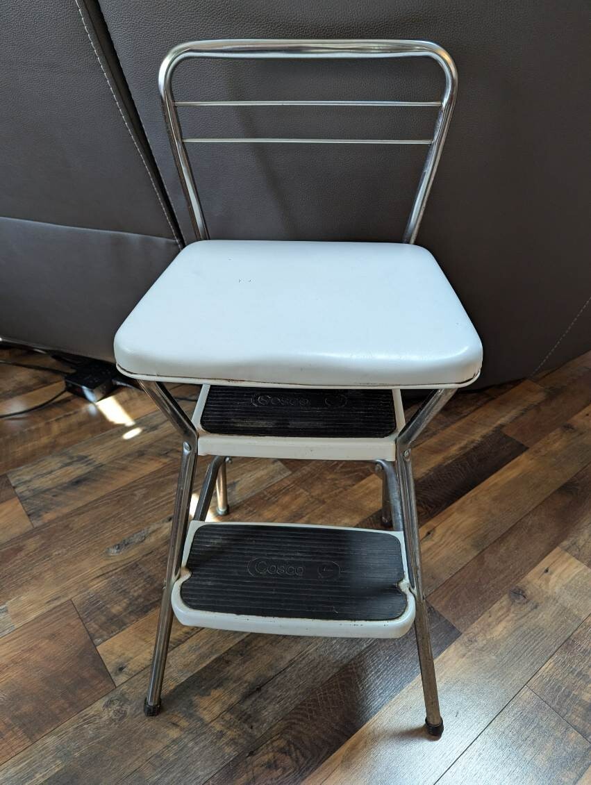 Cosco Step Stool Vintage Metal Chair 2 Step White Chrome Original
